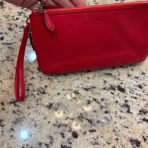 Coach Red Leather Wristlet Clutch with Zip